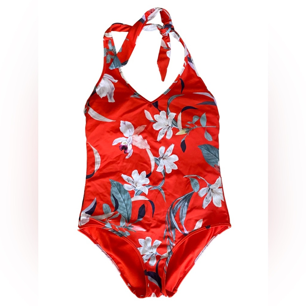 Athleta Waimea plunge halter top red floral one-piece swimsuit size small